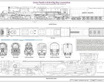 USA Big Boy articulated steam locomotive digital engineering line drawing