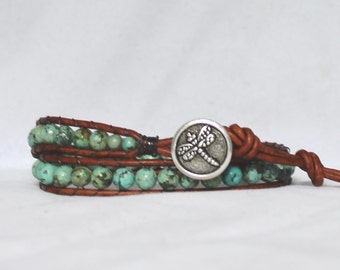 African Turquoise double wrap leather bracelet. Bohemian Brown leather by Bella Designs Free Shipping Dragonfly