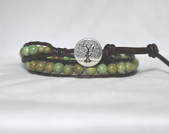 Green Turquoise double wrap leather bracelet. Bohemian Brown leather Tree of Life Free Shipping Bella Designs