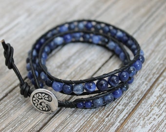 Sodalite double wrap leather bracelet. Bohemian Black leather by Bella Design Free Shipping Tree of life Bella Designs