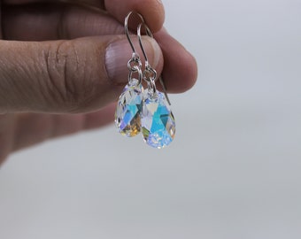 Swarovski Crystal AB Teardrop Earrings,Dangle,Sterling Silver Ear wires,Bride,Bridesmaids,Women,April Birthstone-Free Shipping Bella Designs