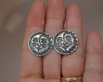 Sun Moon Face Precious Metal Clay PMC  Fine Silver Earrings Sterling Silver Ear wires - Celestial Free Shipping Boho Women Bella Design