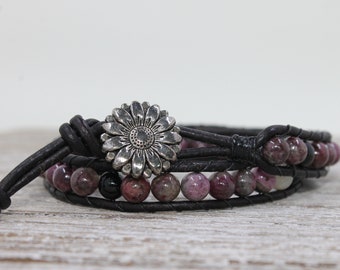 Tourmaline double wrap leather bracelet. Bohemian Black leather by Bella Designs Free Shipping Flower