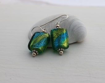 Dichroic Earrings Aqua Green Sterling Silver Ear Wires - Free Shipping