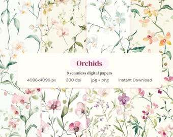 Watercolor Orchid Seamless Pattern Bundle | Floral Digital Paper, Blush Pink Botanical PNG, Spring Wedding Pattern, Commercial Use Download