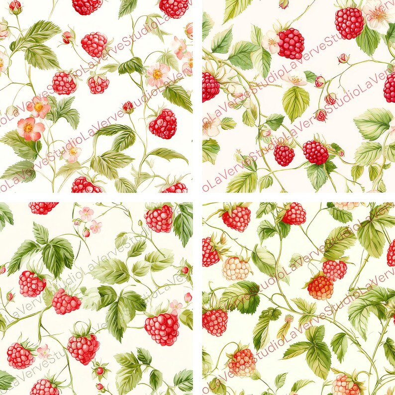 May include: Four-panel image featuring a repeating pattern of red raspberries, green leaves, and delicate pink and white flowers on a cream background. The design has a vintage, botanical illustration style, with the text "LaVerveStudioLaVerveStudioLaVerve" in the corners.