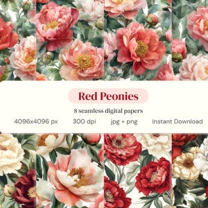 Könnte beinhalten: Digitales Kunstwerk mit einem Muster aus roten, rosa und weißen Pfingstrosen mit grünen Blättern. Der Text enthält "Red Peonies" und Details zu den digitalen Papieren, einschließlich Größe, Auflösung und Dateityp.