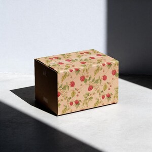 May include: A brown cardboard box with a decorative raspberry pattern. The box is covered in a repeating design of red raspberries, green leaves, and vines on a beige background. The box is sealed with tape.