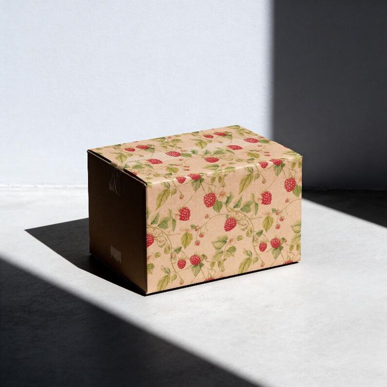 May include: A brown cardboard box with a decorative raspberry pattern. The box is covered in a repeating design of red raspberries, green leaves, and vines on a beige background. The box is sealed with tape.