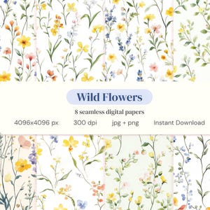 Könnte beinhalten: Digitale Papiere mit Aquarellillustrationen von Wildblumen in Gelb, Blau, Rosa und Grün. Das Bild enthält den Text "Wild Flowers" und Details zu den digitalen Papieren, einschließlich der Auflösung und des Dateityps.