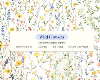 Watercolor Wildflower Seamless Pattern Bundle | 8 Digital Papers PNG JPEG 4096px 300dpi | Commercial Use POD | Instant Download