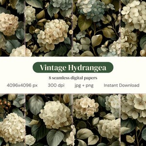 Könnte beinhalten: Digitale Papiere mit einem Vintage-Hortensien-Design. Das Bild zeigt einen dunklen Hintergrund mit cremefarbenen und grünen Hortensienblüten und -blättern. Der Text auf dem Bild lautet "Vintage Hydrangea" und "8 nahtlose digitale Papiere".