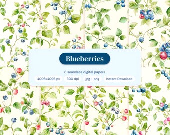 Watercolor Blueberry Seamless Pattern Bundle | 8 Digital Papers PNG JPEG 4096px 300dpi | Commercial Use POD | Instant Download