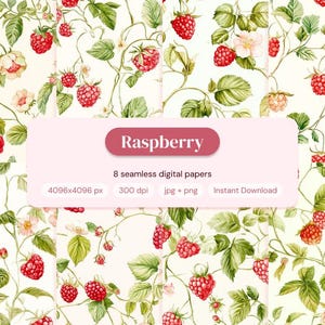 Könnte beinhalten: Nahtlose digitale Papiere mit einem sich wiederholenden Muster aus roten Himbeeren, grünen Blättern und weißen Blüten auf cremefarbenem Hintergrund. Ein rosa Banner zeigt das Wort "Raspberry" und Details.