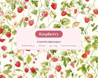 Raspberry Seamless Pattern Bundle | 8 Watercolor Digital Papers | Vintage Botanical Berry Print | PNG JPG | Commercial Use | Instant