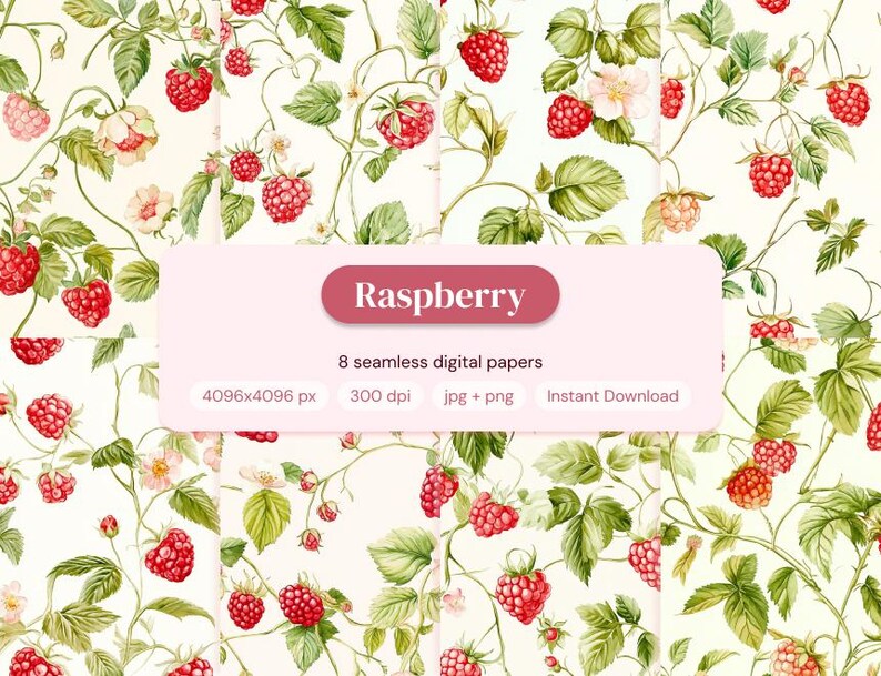 May include: Digital papers featuring a repeating pattern of red raspberries, green leaves, and white flowers on a cream background. The image includes a pink banner with the word "Raspberry" and details about the digital papers.