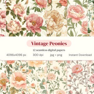 Könnte beinhalten: Digitales Papier-Set mit einem sich wiederholenden Muster aus Vintage-Pfingstrosen in Rosa-, Pfirsich- und Cremetönen, mit grünem Laub auf cremefarbenem Hintergrund. Der Text "Vintage Peonies" wird auf einem weißen Rechteck angezeigt.