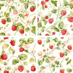 May include: A repeating pattern featuring watercolor illustrations of red raspberries, green leaves, and delicate white and pink flowers on a cream background. The design has a vintage, botanical aesthetic.