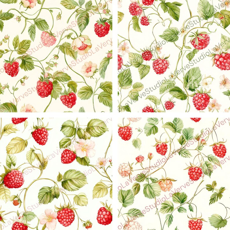 May include: A repeating pattern featuring watercolor illustrations of red raspberries, green leaves, and delicate white and pink flowers on a cream background. The design has a vintage, botanical aesthetic.