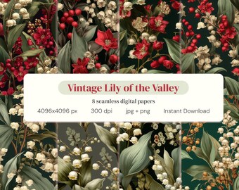 Vintage Lily of the Valley Seamless Pattern Bundle | 8 Digital Papers PNG JPEG 4096px 300dpi | Commercial Use POD | Instant Download
