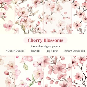 Könnte beinhalten: Acht nahtlose digitale Papiere mit Kirschblüten-Design in Aquarell. Die Papiere zeigen rosa Blüten und grüne Blätter auf weißem Hintergrund. Das Bild enthält den Text "Cherry Blossoms" und Details zu den digitalen Papieren.