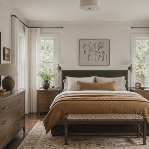Op de afbeelding: Een slaapkamer met een groen gestoffeerd hoofdbord, een bed bedekt met een mosterdkleurig sprei en een geweven bank aan het voeteneinde. De kamer heeft een houten dressoir, nachtkastjes en een vloerkleed met patroon. Boven het bed hangt een ingelijst kunstwerk.