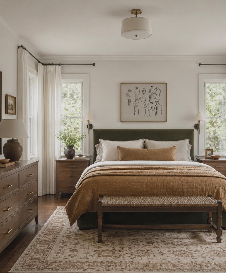 Op de afbeelding: Een slaapkamer met een groen gestoffeerd hoofdbord, een bed bedekt met een mosterdkleurig sprei en een geweven bank aan het voeteneinde. De kamer heeft een houten dressoir, nachtkastjes en een vloerkleed met patroon. Boven het bed hangt een ingelijst kunstwerk.