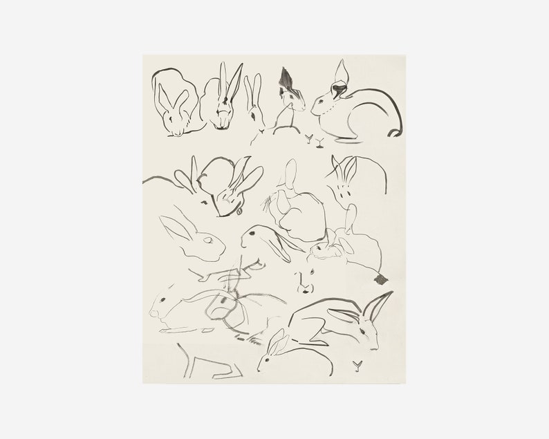 Vintage PRINTABLE Artwork Downloadable Prints Sketch of Bunnies PRINTABLE Wall Art Digital Downloads Digital Artwork image 3