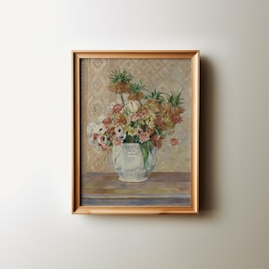アンティーク抽象植物壁アート | 抽象的な花束油絵印刷可能 | モダンコテージコア美学ダウンロード可能アート