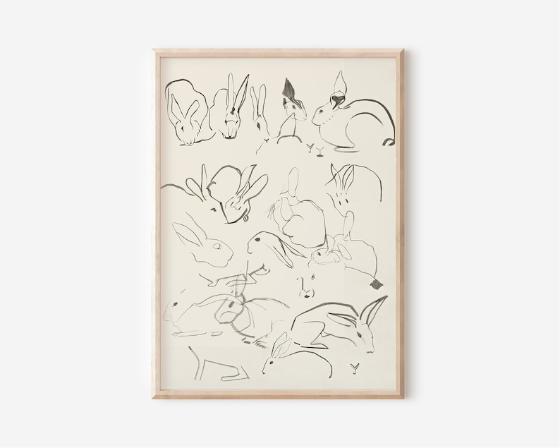 Vintage PRINTABLE Artwork Downloadable Prints Sketch of Bunnies PRINTABLE Wall Art Digital Downloads Digital Artwork image 1