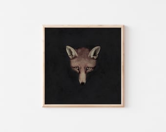 May include: A framed print of a fox's face against a dark background. The fox has a reddish-brown coat and is looking directly at the viewer.