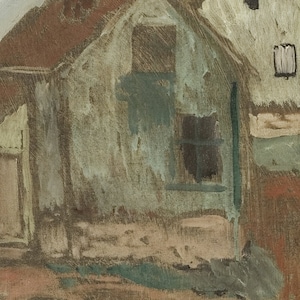 Puede incluir: Una pintura de un edificio con una puerta verde y una ventana marr&oacute;n. El edificio est&aacute; pintado en tonos de marr&oacute;n, verde y blanco.