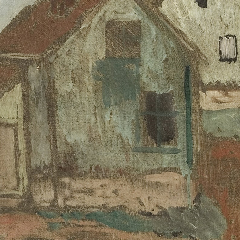 Puede incluir: Una pintura de un edificio con una puerta verde y una ventana marr&oacute;n. El edificio est&aacute; pintado en tonos de marr&oacute;n, verde y blanco.