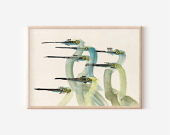Vintage Crane Watercolor Art Print: Antique Bird Wall Art Digital Download