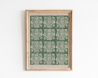 Impresión botánica en bloque verde salvia, arte floral de pared estilo cottagecore, impresión decorativa vintage descargable