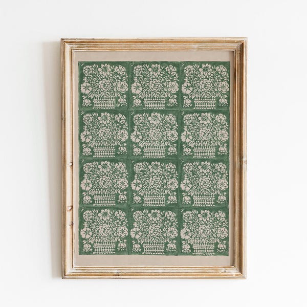 Impresión botánica en bloque verde salvia, arte floral de pared estilo cottagecore, impresión decorativa vintage descargable