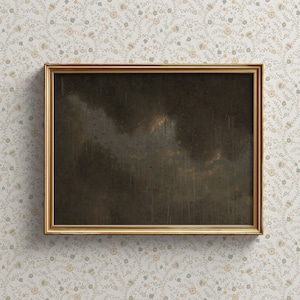 以下が含まれることがあります： 暗い茶色の背景と明るい茶色のフレームで囲まれた絵画。絵画は、光が差し込む雲の多い空を描いています。