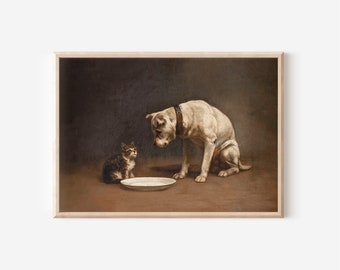 ヴィンテージの犬と子猫の油絵デジタルプリント｜ペット愛好家のための