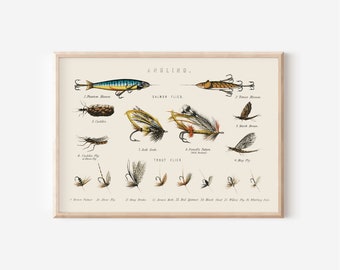 Fly Fishing Large Wall Art | Vintage Fishing Downloadable Art Fishing gifts | Rustic Cabin Wall Art | Lake House Painting Neutral Art