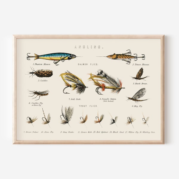 Cuadros de gran formato para pesca con mosca / Arte vintage de pesca descargable / Regalos de pesca / Arte rústico para cabañas / Pintura para casas de lago en tonos neutros