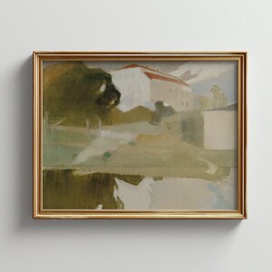 May include: A framed painting depicting a landscape scene with a white house with a red roof, green trees, and a body of water in the foreground. The painting is done in a muted palette of greens, browns, and blues.