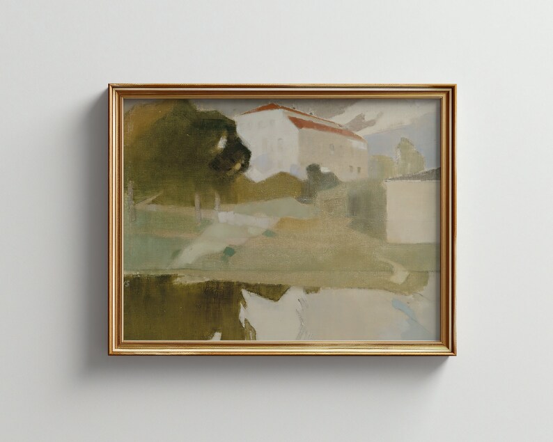 May include: A framed painting depicting a landscape scene with a white house with a red roof, green trees, and a body of water in the foreground. The painting is done in a muted palette of greens, browns, and blues.