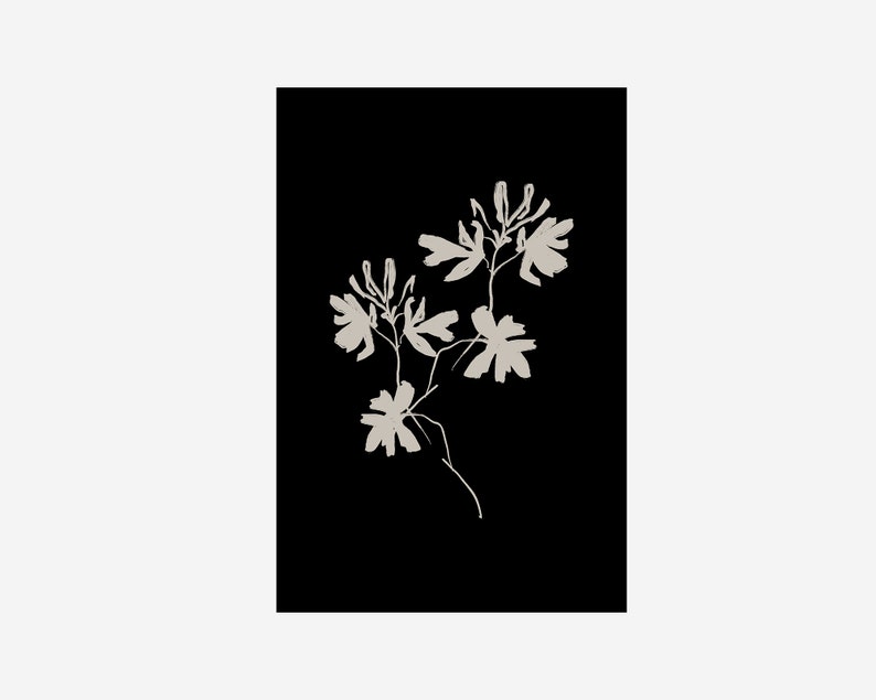 May include: A black and white illustration of a stylized flower with delicate petals and stems.