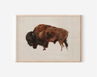May include: A painting of a brown bison standing on a light beige background. The bison is facing to the left and has a dark brown head and neck.