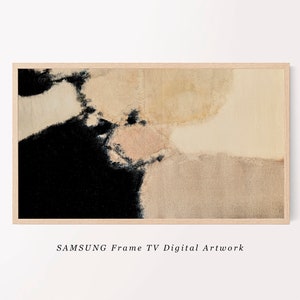 May include: Abstract digital artwork in shades of black, beige, and pink displayed on a Samsung Frame TV. The artwork is framed in a light wood frame.