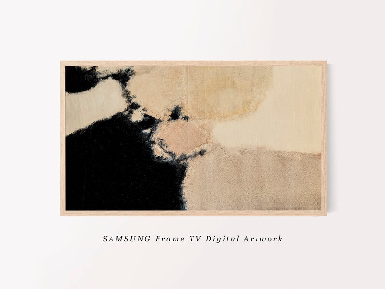 May include: Abstract digital artwork in shades of black, beige, and pink displayed on a Samsung Frame TV. The artwork is framed in a light wood frame.