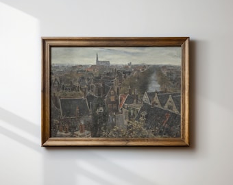 Vintage European Cityscape Oil Painting | Neutral Architecture Wall Art | Moody Urban Skyline Downloadable Print