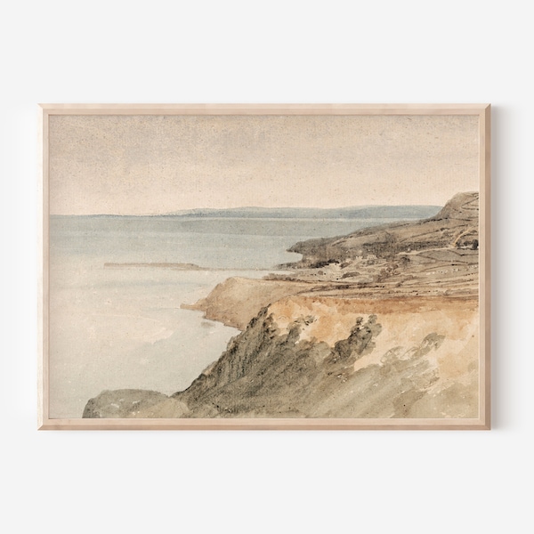 Muted Watercolor Seascape Painting | Panoramic Printable Coastline Wall Art | Vintage Coastal Fine Art Digital Print