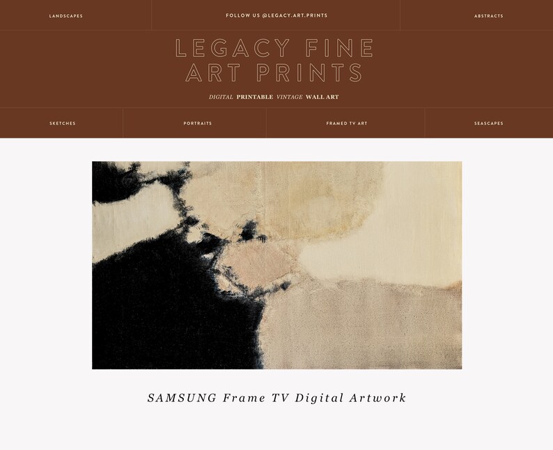 May include: Abstract art print in shades of black, white, and beige. The print is displayed on a Samsung Frame TV. The text "SAMSUNG Frame TV Digital Artwork" is displayed below the print.