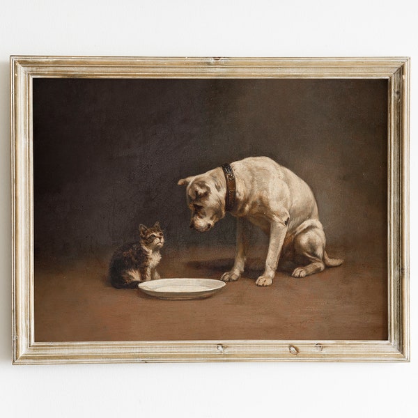 Vintage Dog Painting Kitten Painting | Antique Dog and Kitten Oil Painting | Dog Lovers Cat Lovers | Digital Prints Downloadable Art